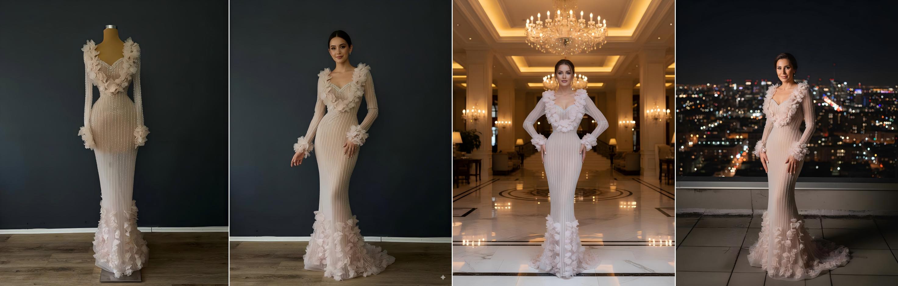 Multiple AI-generated wedding dress models showing different styles and body types